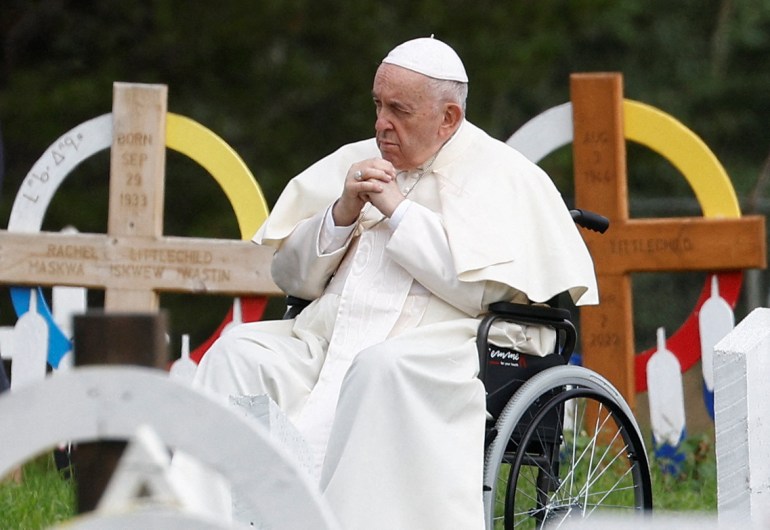 Pope Francis attends a silent prayer in Maskwacis, Alberta