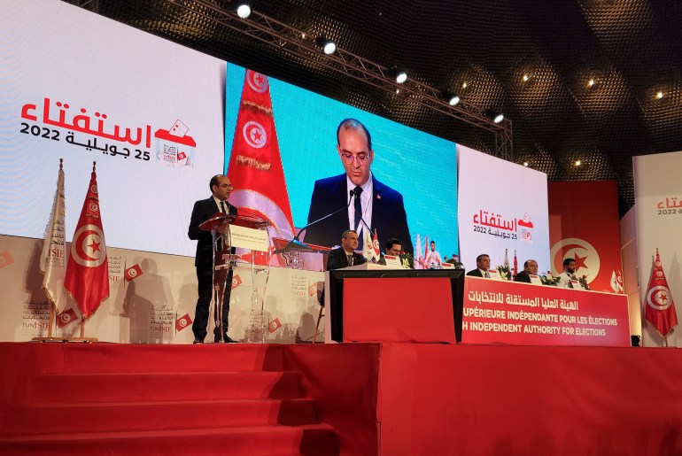 Farouk Bouasker, President of the Independent High Authority for Elections, speaks during the announcement of the preliminary results of a referendum on a new constitution in Tunis,