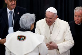 Pope Francis addresses members of a delegation upon his arrival in Iqaluit