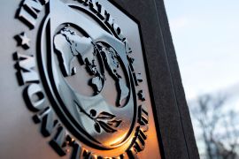 The seal for the International Monetary Fund is seen near the World Bank headquarters in Washington, DC