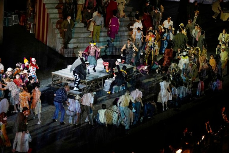 A view of the stage during 'Pagliacci' (Clowns) lyric opera at Verona Arena