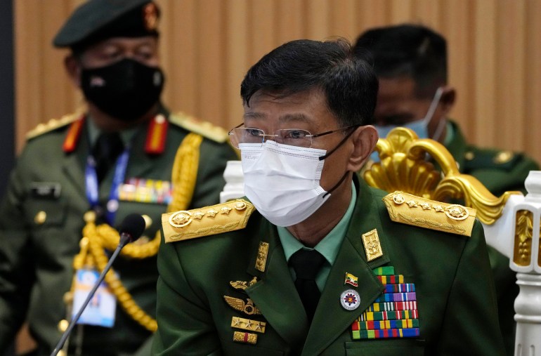 Myanmar's Defense Minister Mya Tun Oo in his uniform attending an Asean defence ministers' meeting in June 2022 