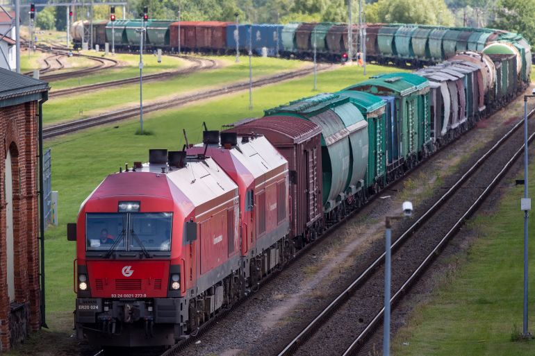 Cargo trains run from Lithuania to the Russian enclave Kaliningrad near the border railway station in Kybartai