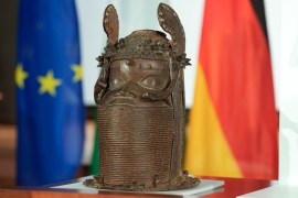 A Benin Bronze sculpture at the German Foreign Ministry on July 1, 2022. Germany and Nigeria signed an agreement in Berlin paving the way for the return of centuries-old sculptures known as the Benin Bronzes that were taken from Africa in the 19th century and displayed in German museums and elsewhere [Markus Schreiber/AP]