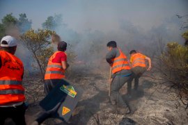Workers try to put out a forest blaze