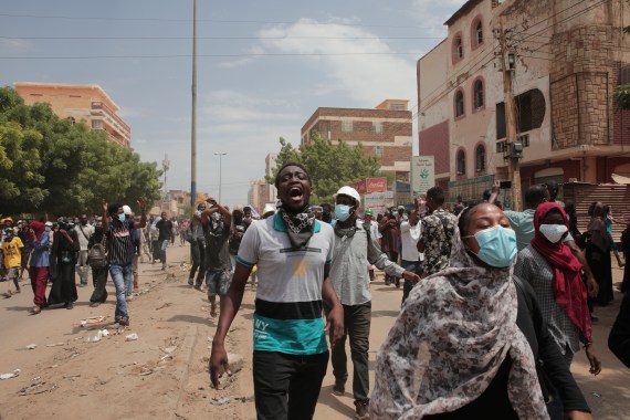 Sudanese demonstrators protest in the streets calling for civilian rule and denouncing the military administration, in Khartoum, Sudan