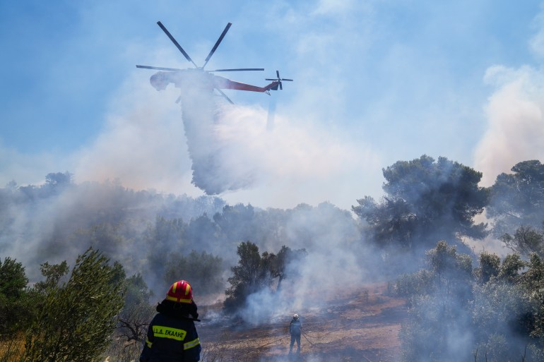 A firefighting Helicopter throws water in the area of ​​Panorama Palinis, eastern Athens