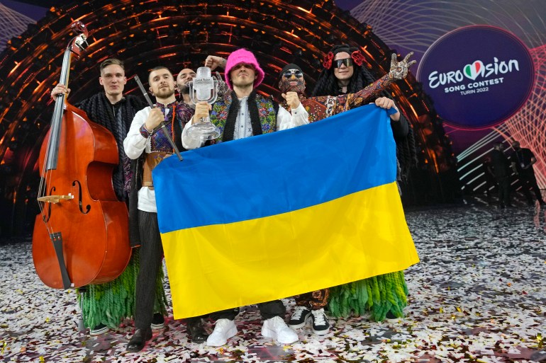 Kalush Orchestra from Ukraine celebrate after winning the Grand Final of the Eurovision Song Contest at Palaolimpico arena, in Turin, Italy, Saturday, May 14, 2022.
