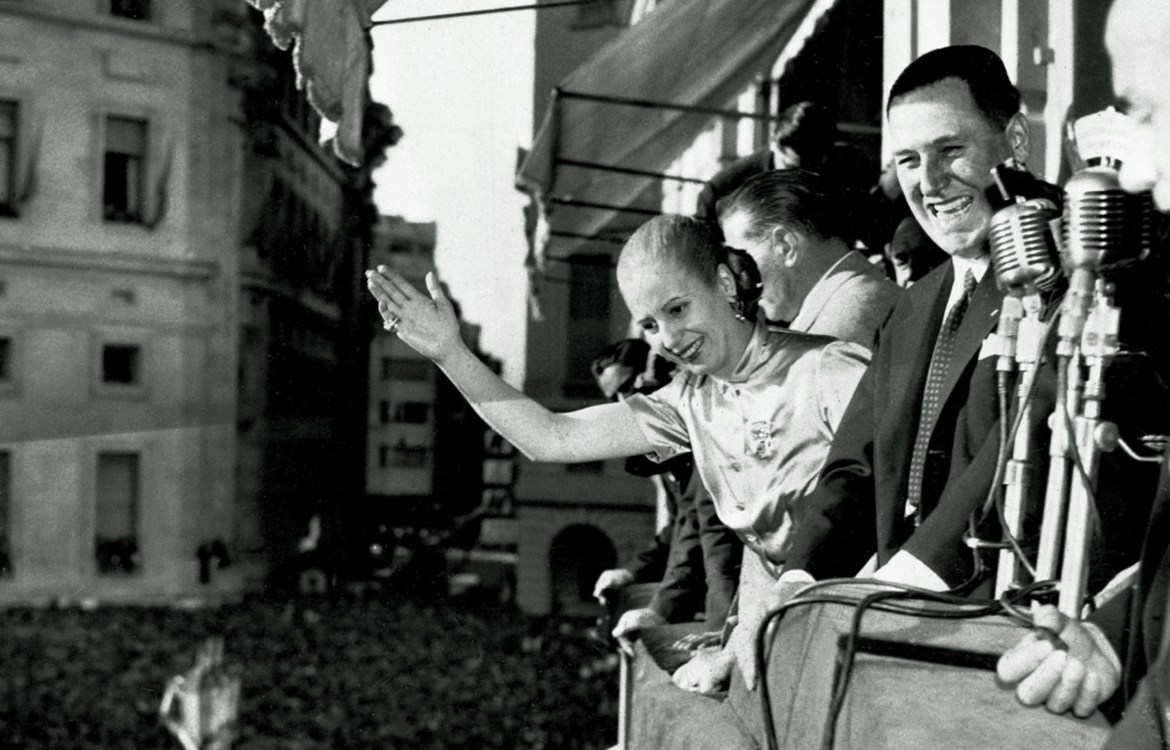 President Juan Peron and his wife Eva wave from the balcony of Casa Rosada, Government House, in Buenos Aires Oct. 17, 1950 as Argentina celebrated Loyalty Day. (AP Photo)