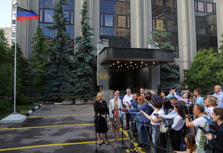 Olga Makeeva, ambassador of the self-proclaimed Donetsk People's Republic (DPR) to Russia, and Natalya Nikonorova, foreign minister of the self-proclaimed Donetsk People's Republic, speak to the media outside the DPR embassy in Moscow, Russia July 12, 2022 