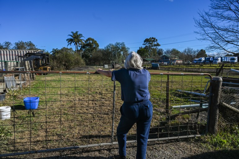 Nena wearing jeans and a sweater with her back to the camera leans on a gate and looks out to her paddocks.