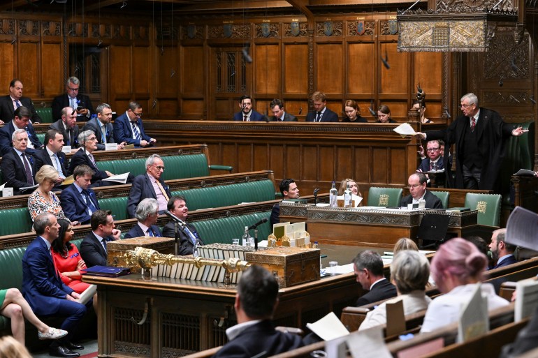 Britain's House Speaker Lindsay Hoyle speaks as Deputy Prime Minister Dominic Raab delivers a statement on the Bill of Rights at the House of Commons in London,