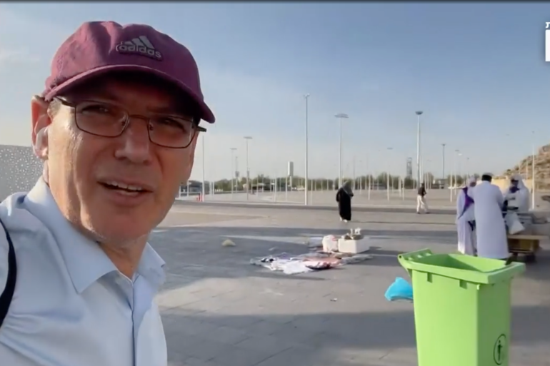 Screenshot from Israel's Channel 13 shows reporter Gil Tamary as he traveled to Mecca in Saudi Arabia.