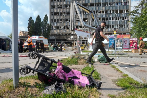 A baby stroller lies by a road after a deadly Russian missile attack in Vinnytsia, Ukraine.