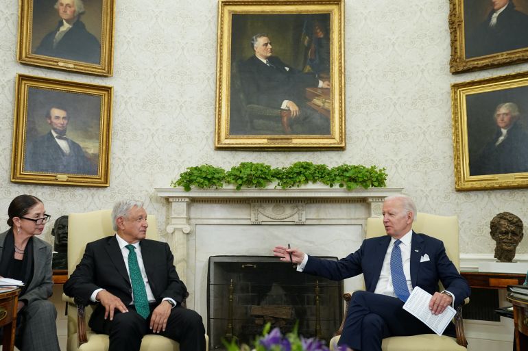 U.S. President Joe Biden meets with Mexican President Andres Manuel Lopez Obrador in the Oval Office of the White House in Washington, U.S.