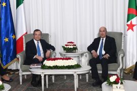Algerian President Abdelmadjid Tebboune meets with Italian Prime Minister Mario Draghi at the palace of El Mouradia in Algiers during the Italo-Algerian intergovernmental summit.