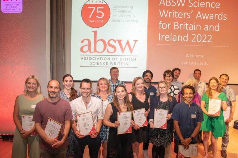 Winners of 2022 British Science Writers (ABSW) awards pose with certificates