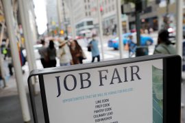 Signage for a job fair is seen on 5th Avenue after the release of the jobs report in Manhattan, New York City, U.S.