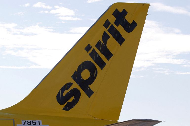 A logo of low cost carrier Spirit Airlines is pictured on an Airbus plane in Colomiers near Toulouse, France