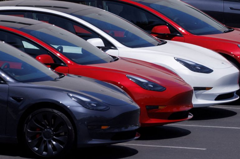 Tesla vehicles are shown at a sales and service center in Vista, California, U.S.