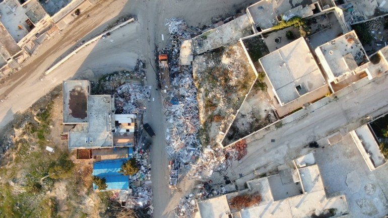 Drone picture shows what appear to be looted window frames and other materials taken from homes in Maarat al-Nu'man, in Idlib