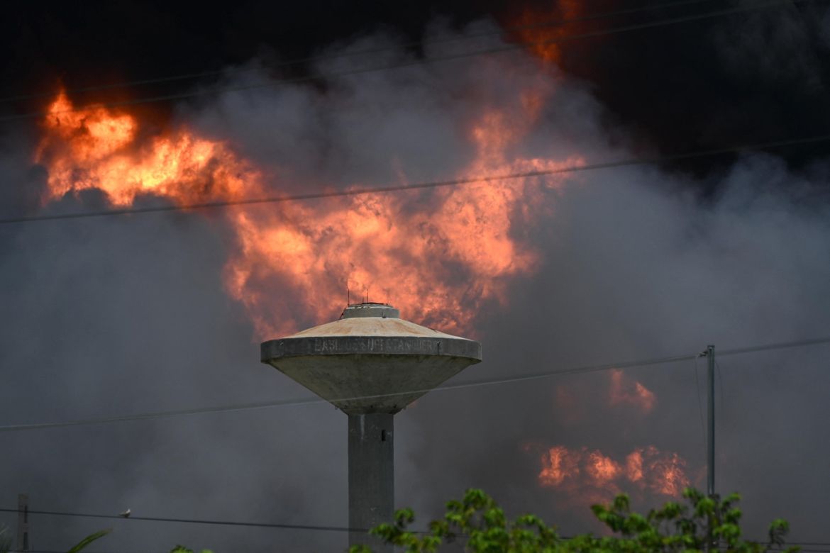 View of an oil tank on fire in Matanzas, Cuba