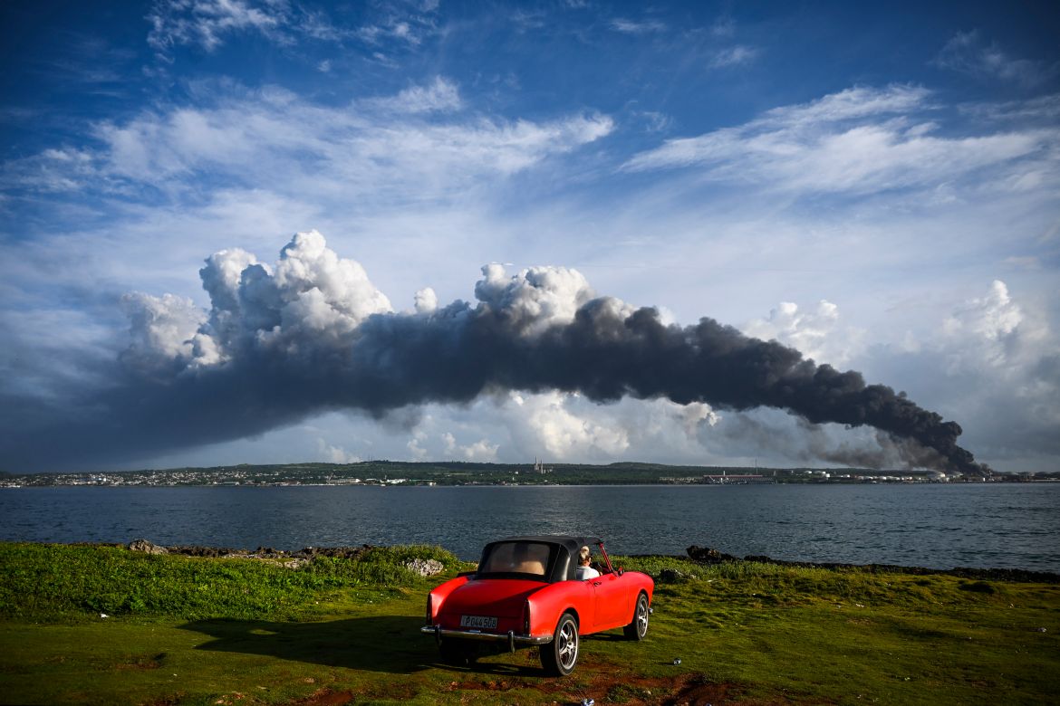 Black smoke from oil tanks on fire is seen near the Matanzas bay, Cuba