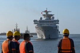 China's research and survey vessel, the Yuan Wang 5, arrives at Hambantota port on August 16, 2022.
