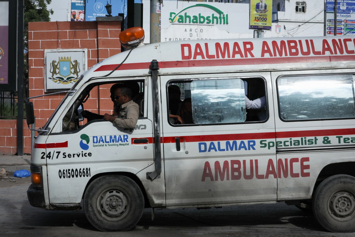 An ambulance near the site of explosions in Mogadishu, Somalia.