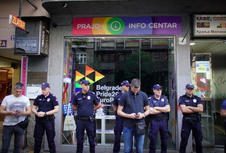 Police secure serbian LGBT Info centre during the 'Litiya for salvation of Serbia' in Belgrade