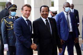 Cameroon&#39;s President Paul Biya (right) with his French counterpart Emmanuel Macron at the presidencial palace in Yaounde, Cameroon [File:Reuters]
