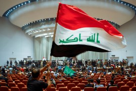 Supporters of Iraqi Shi'ite cleric Moqtada al-Sadr protest against corruption, inside the parliament in Baghdad