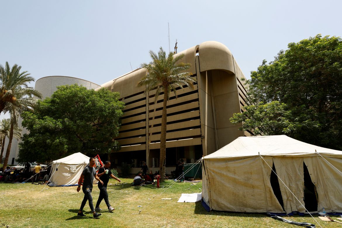 Tents for supporters of Iraqi populist leader Moqtada al-Sadr are set up during a sit-in, at the parliament building