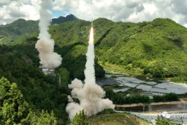 Two rockets launched by the Chinese army from an undisclosed mountainous area in waters off Taiwan's eastern coast.