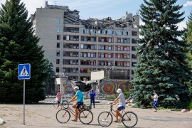 A view shows a hotel building recently hit by shelling in the course of Ukraine-Russia conflict in the Russian-controlled town of Svitlodarsk in the Donetsk region, Ukraine August 8, 2022. REUTERS/Alexander Ermochenko