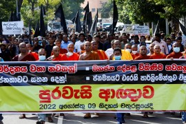 Protesters march to mark one month since former Sri Lankan President Gotabaya Rajapaksa fled the country and stepped down [Kim Kyung-Hoon/Reuters]