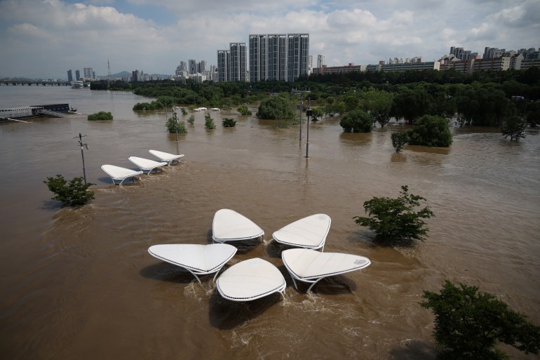 A general view of the submerged Han River Park by torrential rain at Han river in Seoul, South Korea August 10, 2022.