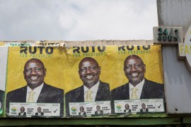 Posters show Kenya&#39;s Deputy President William Ruto, presidential candidate for the United Democratic Alliance (UDA) and Kenya Kwanza political coalition, on top of the Silverline Butchery restaurant in Eldoret, Kenya on August 11, 2022 [Baz Ratner/Reuters]