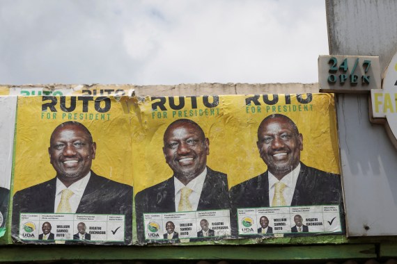 A views shows posters of Kenya's Deputy President William Ruto and presidential candidate for the United Democratic Alliance (UDA) and Kenya Kwanza political coalition