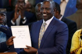Kenya&#39;s Deputy President William Ruto, presidential candidate for the United Democratic Alliance (UDA) and Kenya Kwanza political coalition, reacts after being declared the winner of Kenya&#39;s presidential election at the National Tallying Centre in Nairobi, Kenya on August 15, 2022 [Thomas Mukoya/Reuters]