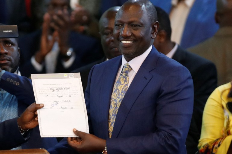 Kenya's William Ruto reacts after being declared the winner of presidential elections in Kenya.