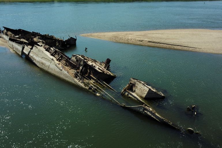 Wreckage of a World War II German warship is seen in the Danube in Prahovo, Serbia on August 18, 2022 [Fedja Grulovic/Reuters]