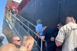 UN Secretary-General Antonio Guterres gets on board of a ship at Odesa port dusing his visit [Reuters]