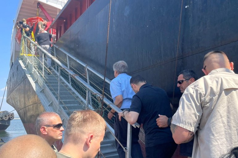 UN Secretary-General Antonio Guterres gets on board of a ship at Odesa port