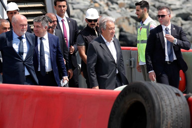 UN Secretary-General Antonio Guterres arrives at a boat to sail a ship carrying Ukrainian grain, at Zeyport in Istanbul, Turkey.
