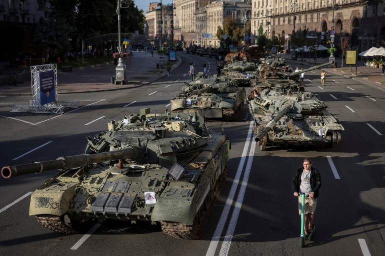 Destroyed Russian military vehicles are located on the main street Khreshchatyk as part of the celebration of the Independence Day of Ukraine, amid Russia's inasion, in central Kyiv, Ukraine August 24, 2022. REUTERS/Gleb Garanich