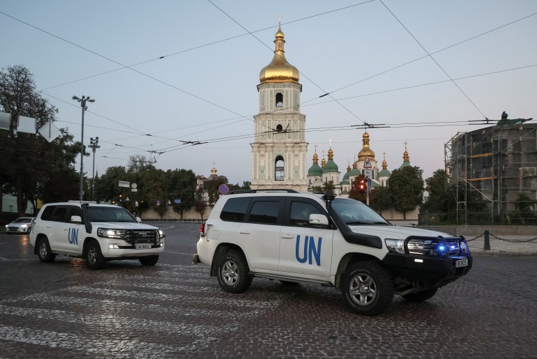 UN vehicles with members of International Atomic Energy Agency (IAEA) mission depart central Kyiv, Ukraine.
