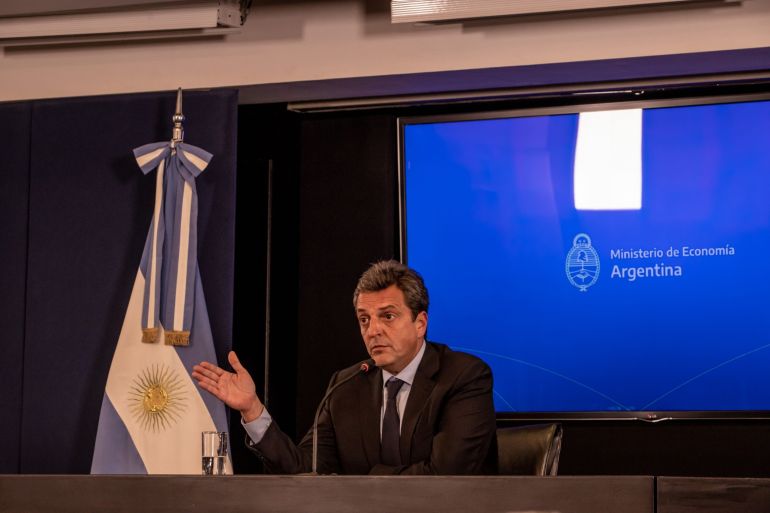 Sergio Massa, Argentina's economy minister, speaks during a press conference at the Economy Ministry building in Buenos Aires, Argentina