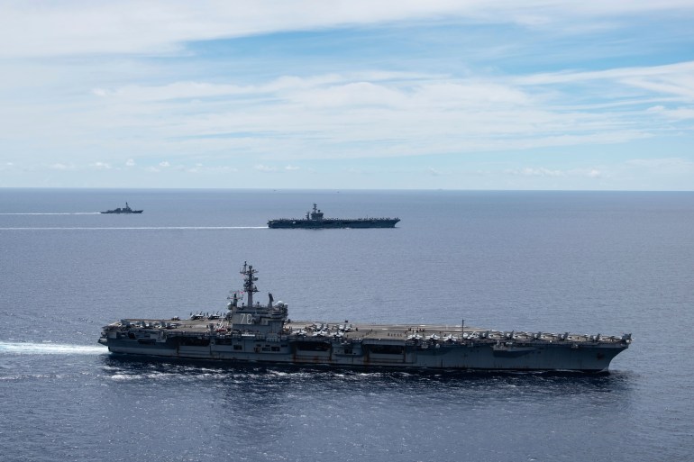 The USS Ronald Reagan is seen sailing in the South China Sea