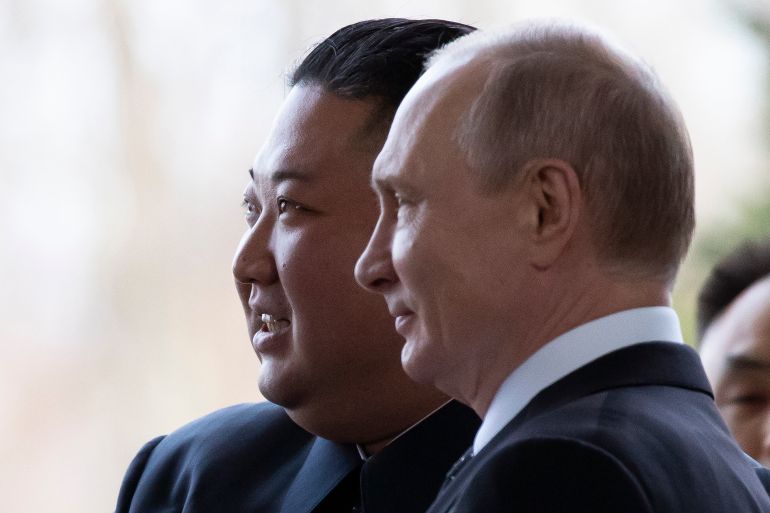 Russian President Vladimir Putin, right, and North Korea's leader Kim Jong Un pose for a photo prior to their talks in Vladivostok, Russia, on April 25, 2019